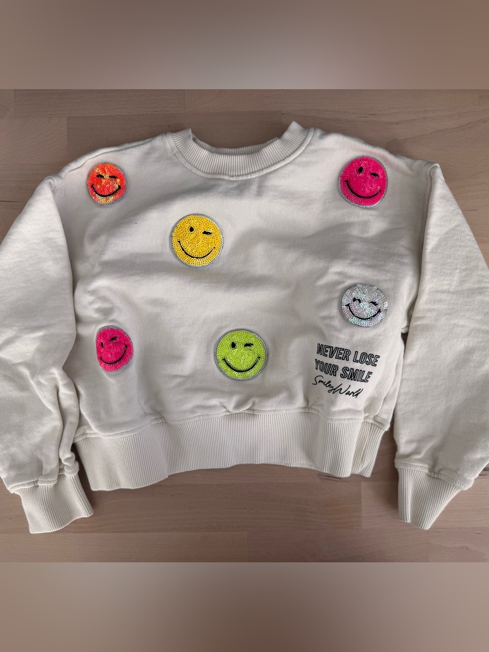 Zara Girl - Off White Crewneck Sweatshirt with Multicolor Sequin Smiley Patches.